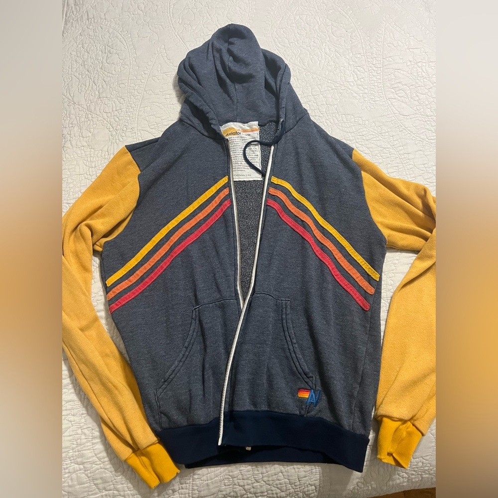 Aviator Nation Blue and Gold Hoodie with Red Stripes